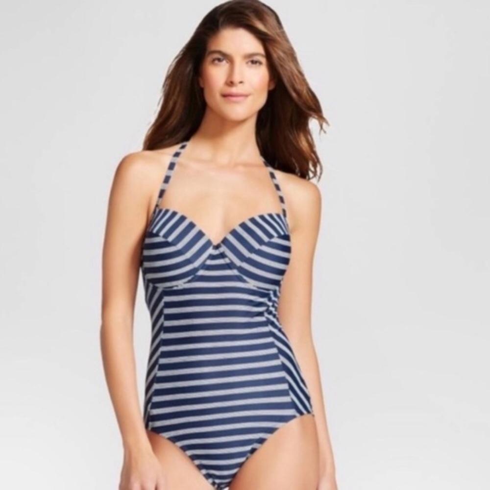 Merona blue and white striped one piece swimsuit